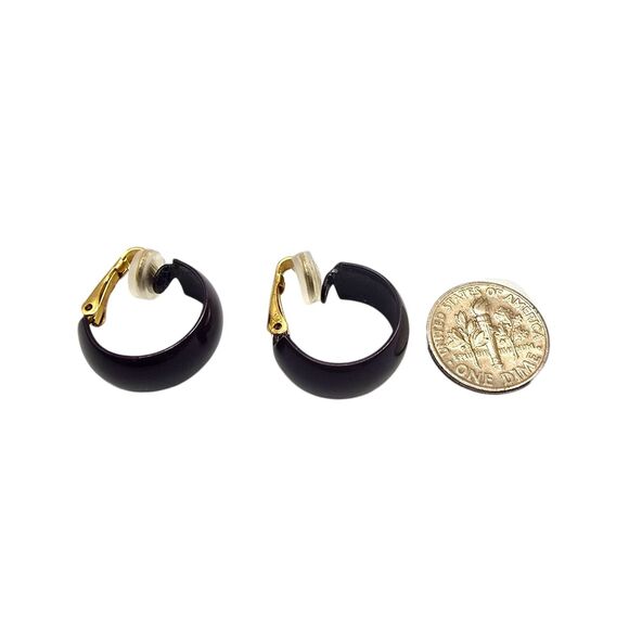 Clip On Hoop Earrings Retro Dark Purple Plum Small Chunky Gold Tone Vintage - Picture 4 of 6